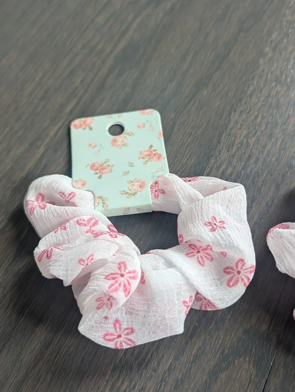 Set of 2 Pink Floral Chiffon Scrunchies / Hair Ties